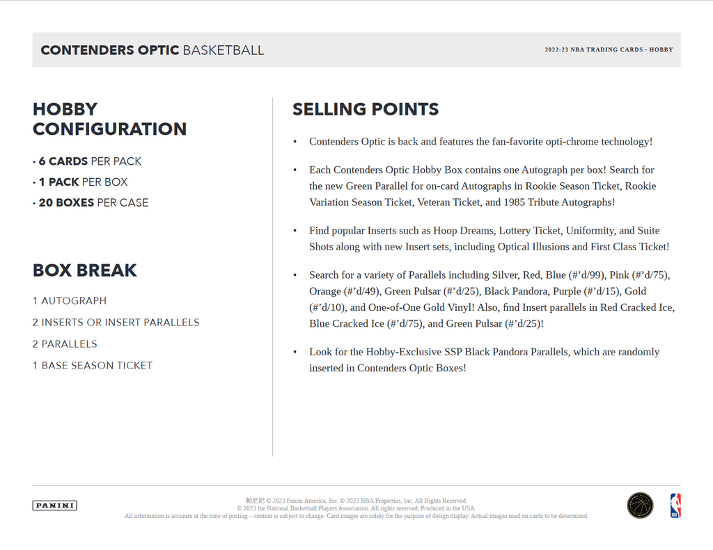 2022-23 Panini Contenders Optic Basketball Hobby 10 Box Case